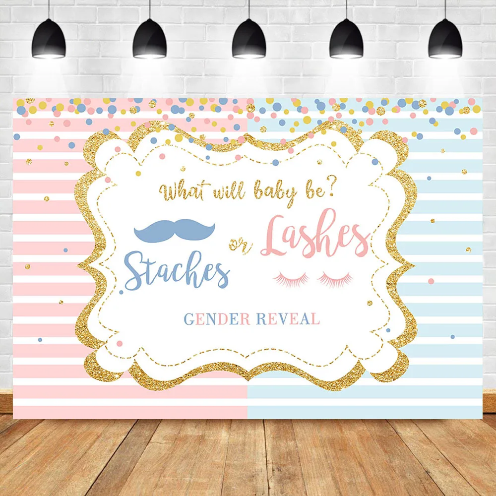 

Gender Reveal Backdrop Pink or Blue Mustaches or Lashes Photo Background Boy or Girl Baby Shower Party Photography Backdrops