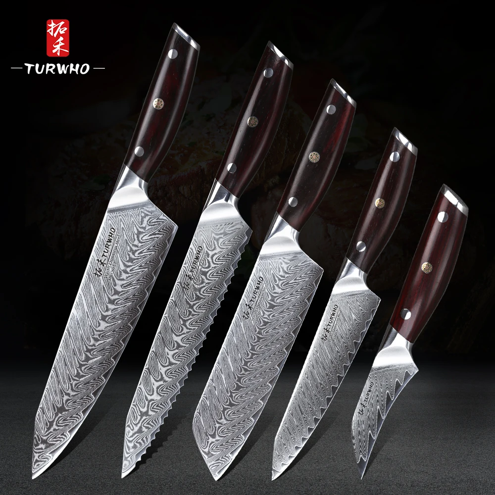 

TURWHO 5PCS Kitchen Knife Set Japanese Damascus Stainless Steel knife Pro Chef Bread Santoku Utility Paring knife Cooking Knives