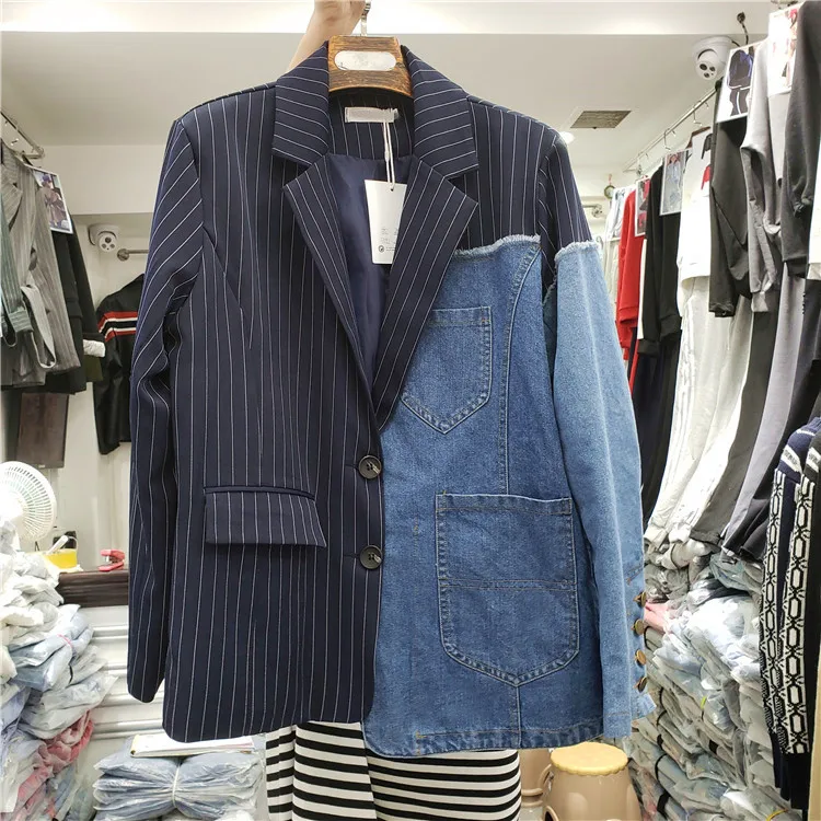 

Women Jacket Denim Jacket For Women Blazer Jeans Suit Blazer Denim Coat Long Sleeve Asymmetrical Coat Striped Women Top WB10