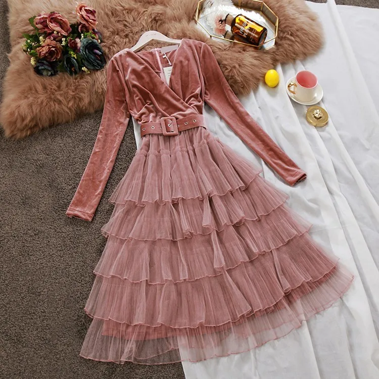 

2019 Autumn Winter New Women V-neck Velvet Stitching Mesh Layer Ball Gown Dress Female Long Sleeve Waist Ruffles Tiered Dresses
