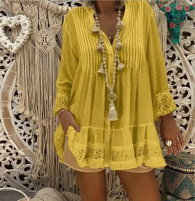 Женская кружевная Шифоновая туника с v-образным вырезом, блуза с длинным рукавом, однотонные свободные женские топы и блузки, весна-лето, топы размера плюс - Цвет: Цвет: желтый
