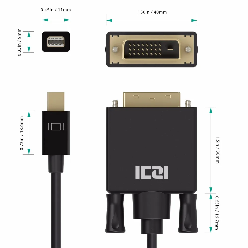 ICZI Mini display port Mini DP to DVI кабель «Папа-папа» Thunderbolt DVI адаптер 1080P 60Hz для MacBook Surface Pro 1m 1,8 m 3m