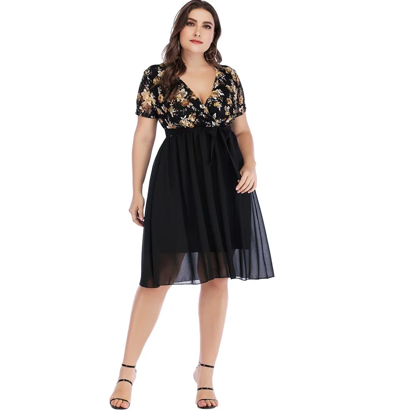 

Women V Neck Sexy Lace Patchwork Chiffon Print Wrap Dress Summer Short Sleeve Midi Dress Plus Size Dresses For Women 4XL 5XL 6XL