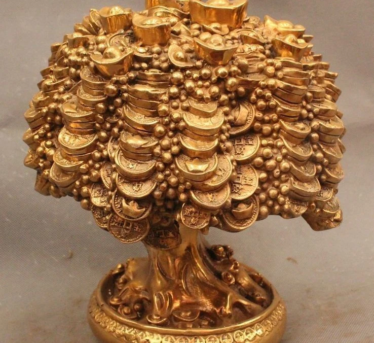 

10" Chinese Feng Shui Brass Money tree Copper cash Yuan Bao Statue Sculpture