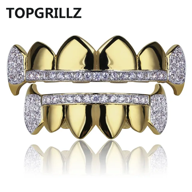 US $8.83 TOPGRILLZ Gold Hip Hop Teeth Grillz Micro Pave Cubic Zircon Top&Bottom Vampire Fangs Teeth Grills S