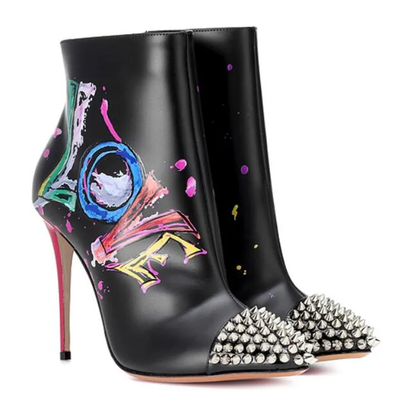

2018 latest women ankle boots black painted graffiti high heels spikes studded boats sexy pointed toe party prom women shoes