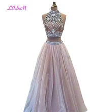 LISM, два предмета, кристаллы, длинные платья для выпускного вечера, высокая горловина, бисероплетение, торжественное платье, милое Тюлевое платье подружки невесты для свадьбы