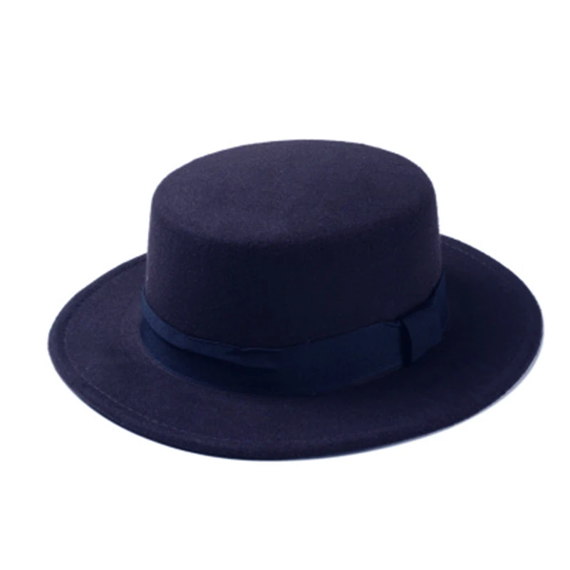 Dark Blue Модная шерстяная испанская накидка, канотье кепки снепбеки для Для женщин войлочная фетровая шляпа с широкими полями Laday прок пирог Chapeu де ro котелок игрок цилиндр - Цвет: Dark Blue