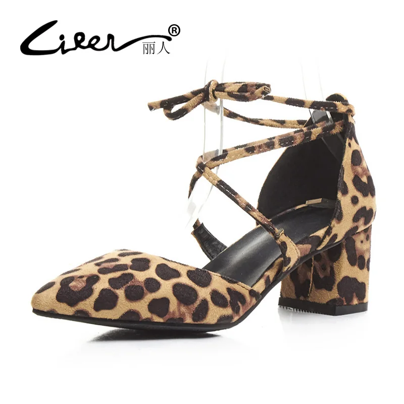 

Liren Women Pointed Toe Leopard Sandals Chunky High Heels Shoes Footwear Cross-tied Gladiator Lace-up Sandals Women Plus Size 43