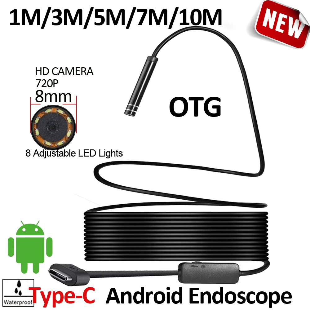 8mm OD 2MP 8LED 10M 7M 5M 3M 1M Android USB Type C Endoscope Camera Flexible