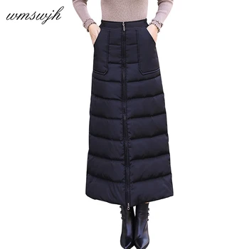 

2019 Autumn Winter Women's Skirt Casual Black A-line Down Cotton Warm Maxi Skirt Fashion Slim Zipper Winter Snow Long Skirts