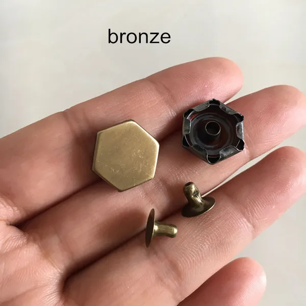 bronze color 100 наборов Плоские Шестигранные заклепки 14 мм черный металлический/бронзовый цвет DIY заклепки для одежды, сумки, обувь, кожаные украшения, металлические заклепки - Цвет: bronze color