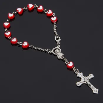 

8mm Colorful Plastic Heart Beads Rosary Bracelet With Silver Lobster Made Metal Maria Center & Jesus Crucifix Cross Pendants