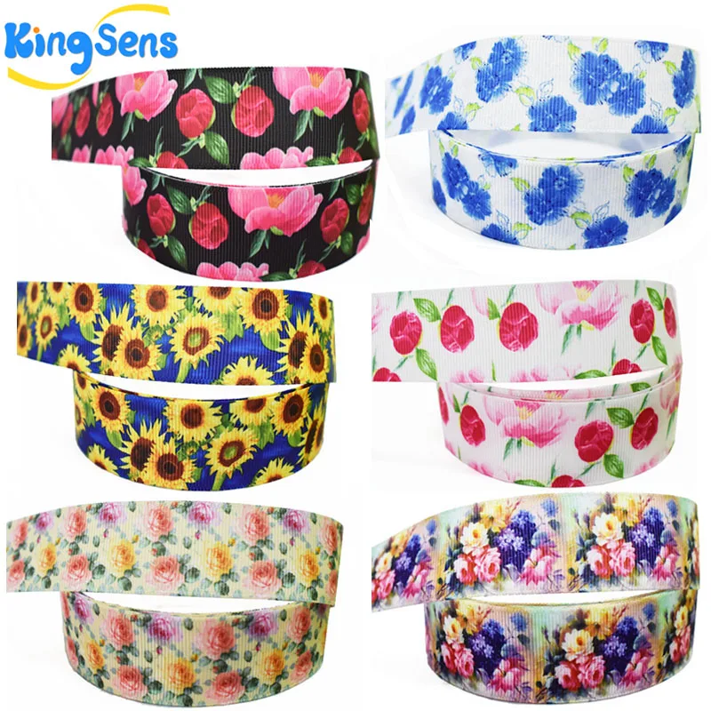 

kingsens 10 & 50yard/lot 25mm flower series printed ribbons hair bows DIY materials, birthday decorate Garment party ribbons