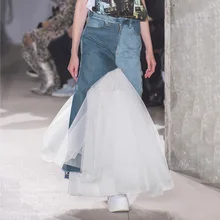 Летняя новая джинсовая гофрированный с сеткой юбка Феи Женская Весенняя и летняя длинная юбка