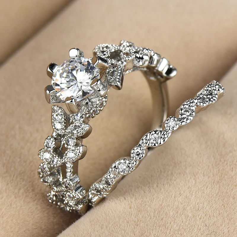 

90% OFF ! Female White Round Ring Set Luxury 925 Silver Ring Vintage Wedding Band Promise Engagement Rings For Women
