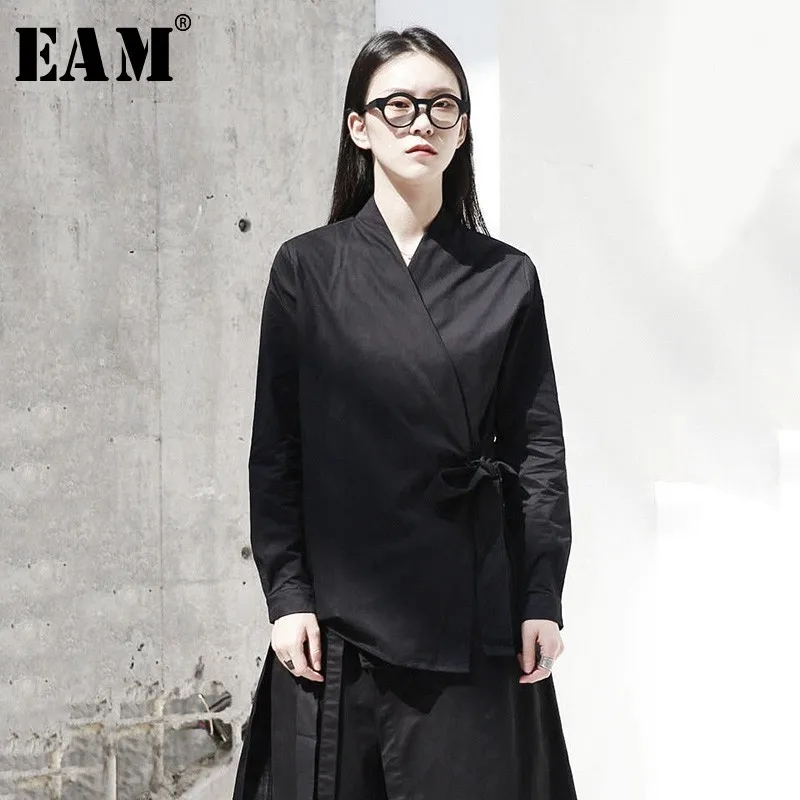 

[EAM] 2019 New Autumn Winter V-collar Long Sleeve Black Loose Brief Waist Bandage Shirt Women Blouse Fashion Tide JI096