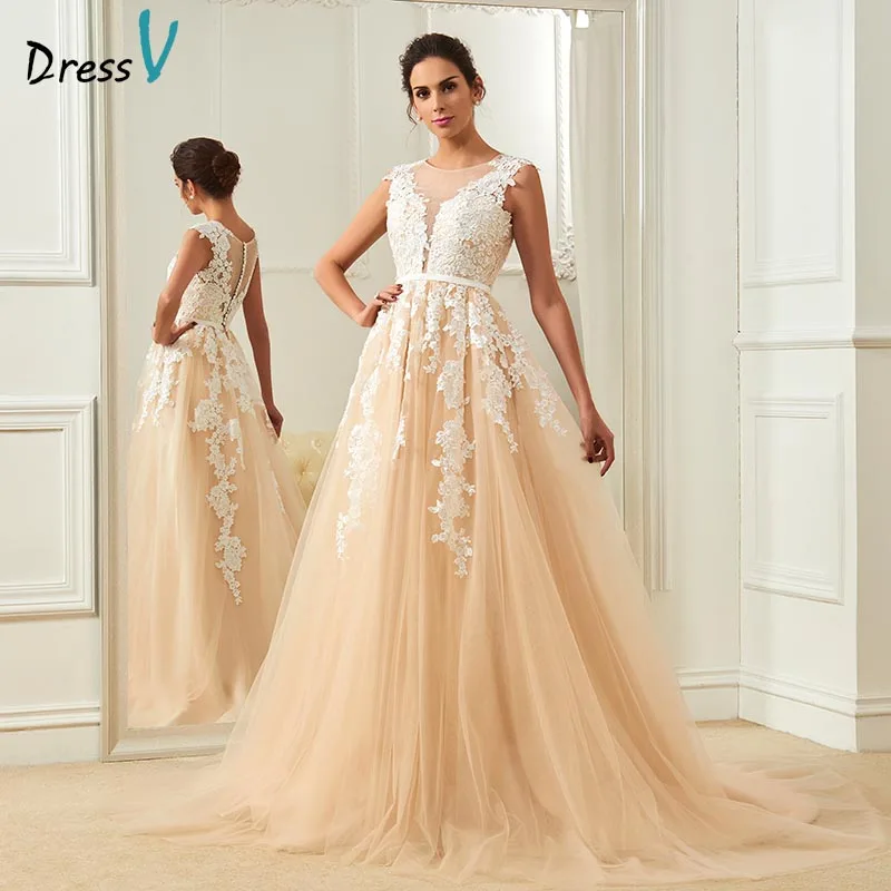 Dressv Champagne Wedding Dress Scoop Neck A Line Appliques Court Train Bridal Gowns Elegant Long Outdoor
