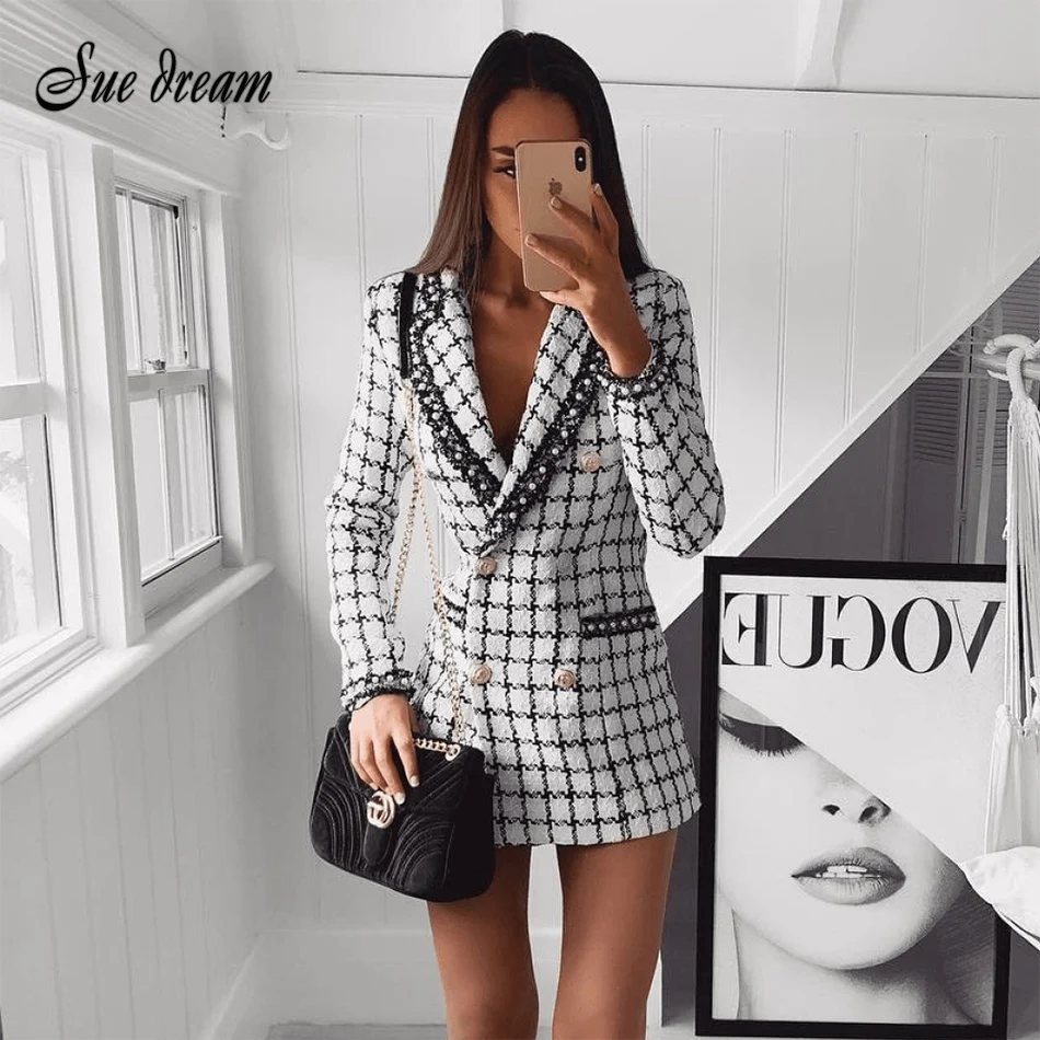 Осенняя и зимняя твидовая Женская куртка короткая куртка уличная клетчатая с v-образным вырезом двухрядная на пуговицах тонкое теплое пальто