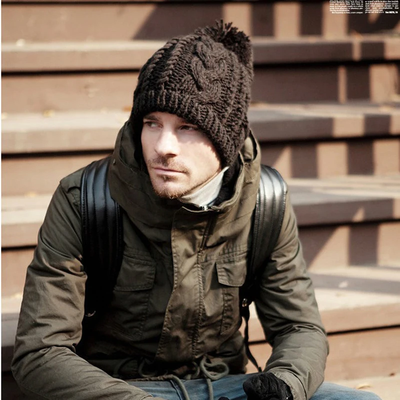 Мужская зимняя вязаная шапка с помпоном двойного назначения, модная Лоскутная плотная теплая качественная Простая мужская теплая шапка для отдыха
