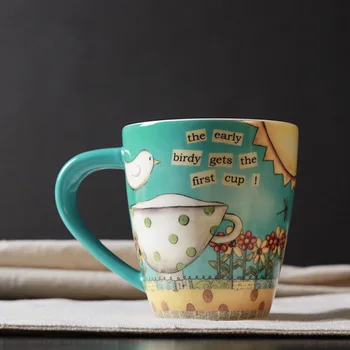 

high quality little bird American style pastoral ceramic porcelain mugs with handgrip cups and mugs tea coffe milk drinking cup