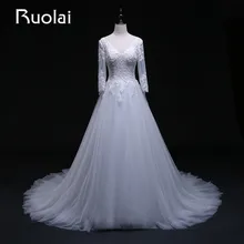 Real Picture 2016 V-Neck Three Quarter Sleeves Tulle A-Line Appliqued Wedding Dress Long Train Bridal Gown Wedding Ceremony FW10