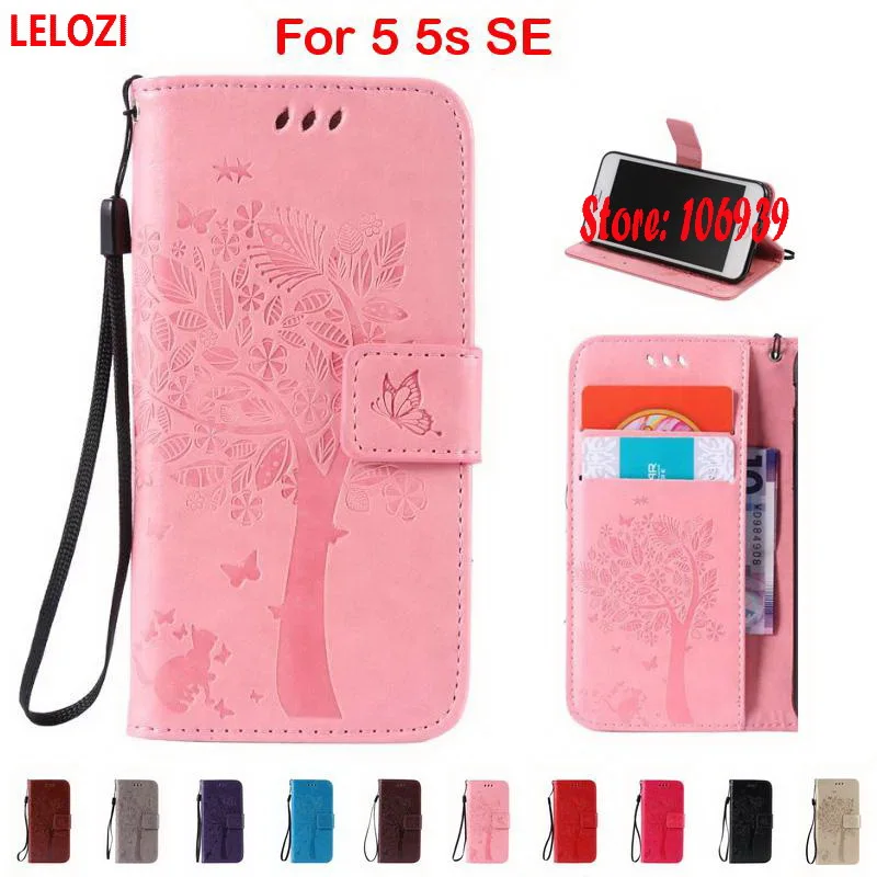 Lelozi дерево звезда цветок Cat бабочка PU кожа Бумажник Дело Cove Etui для iPhone 5 5S SE
