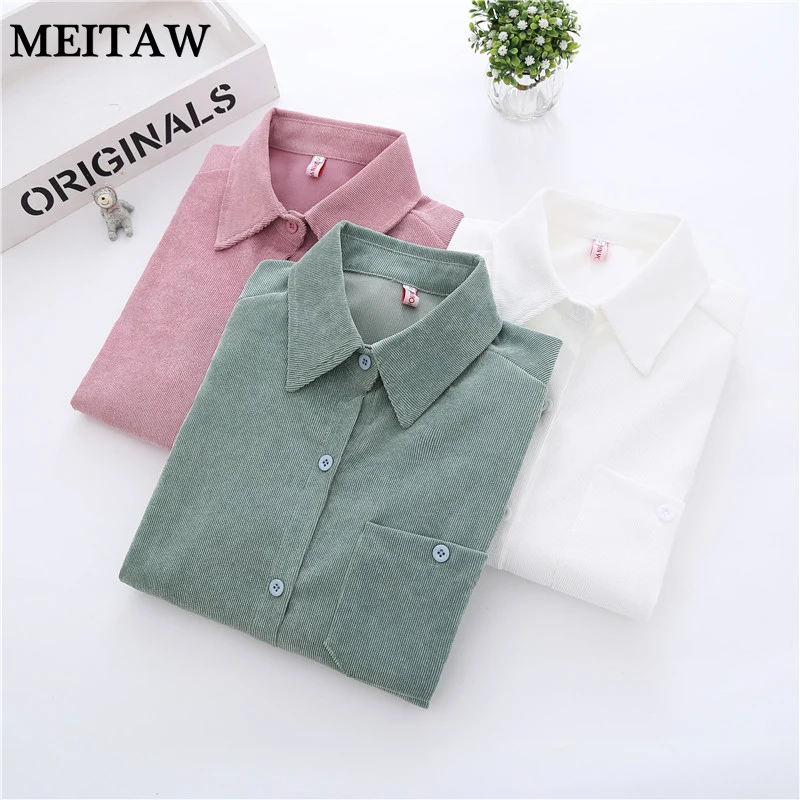

Autumn Winter Corduroy Blouse Shirt Lady Office Tops 2019 Casual Long Sleeve Pocket Blouse Lady Work Wear Pink White Shirt