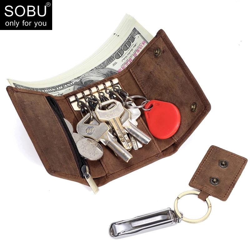 

Crazy Horse Leather Men Vintage Key Wallets Multi-Functional Cowhide Key Purse 100% Genuine Leather Coin Wallet N093
