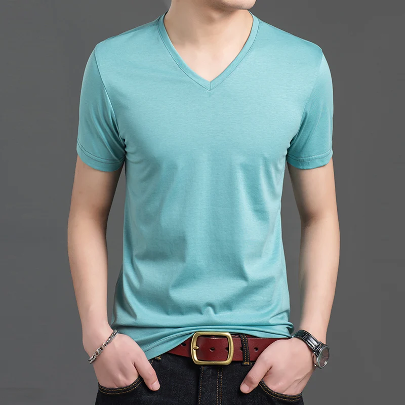 

2019 New Fashion Brand T Shirt Mens Solid Color boy Summer Tops Streetwear Trends V Neck Cotton Short Sleeve T-Shirt Men Clothes