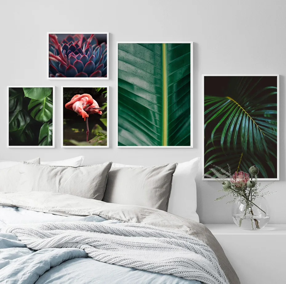 

Pink Flamingo Green Plants Leaves Wall Art Canvas Painting Landscape Nordic Posters And Prints Wall Pictures For Living Room