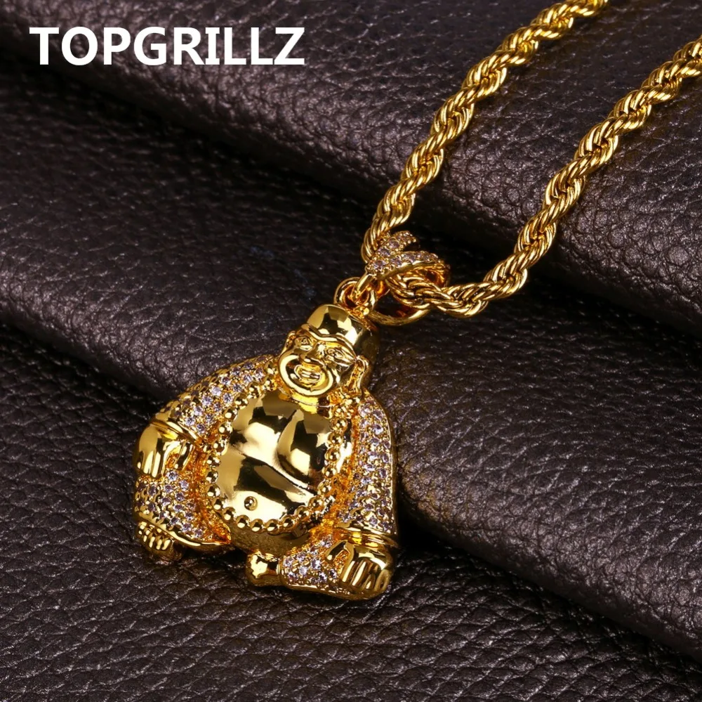 

TOPGRILLZ Micro Pave Cubic Zircon Maitreya Buddha Necklaces & Pendant 24 Inch Chain Length All Iced Out Bling Necklace For Male