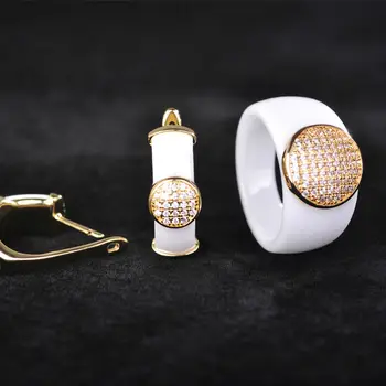 

China Retro Black White Round Zircon Ceramic Jewelry Sets Earrings& Ring Women Man Rhodium Gold Wide Aros Anel Porcelain Aretes