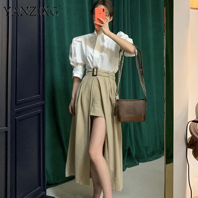 

2019 New Fashion Summer Set Korea Vintage Button Puff Sleeve Shirt Tops + High Waist Bifurcation Womens Skirt Suit A619