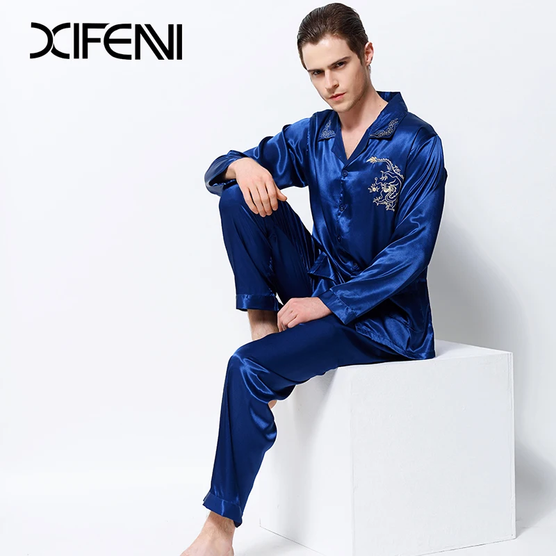 XIFENNI 2020 Men Satin Silk Pajamas Dragon Embroidery Pyjama Sets Long-Sleeved Luxurious Emulation Silk Sleepwear Pijama 3313 XIFENNI 2020 Men Satin Silk Pajamas Dragon Embroidery Pyjama Sets Long-Sleeved Luxurious Emulation Silk Sleepwear Pijama 3313