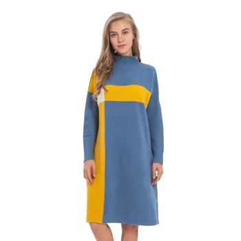 

New Blue Patchwork Turleneck Straight Casual Comfortable Sweater Women Dress Autumn