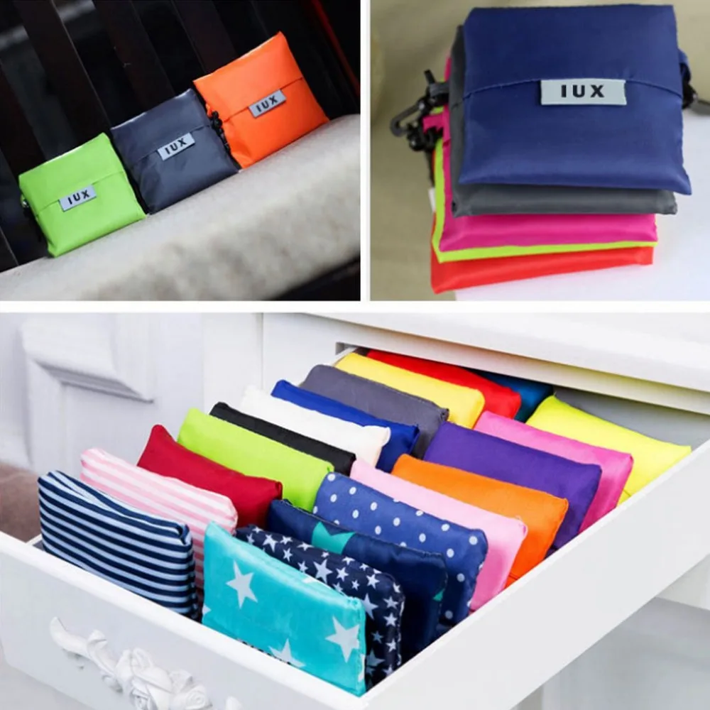 

300pcs Mixed color Fashion printing foldable green shopping bag Tote pouch handbags Convenient Large-capacity storage bags