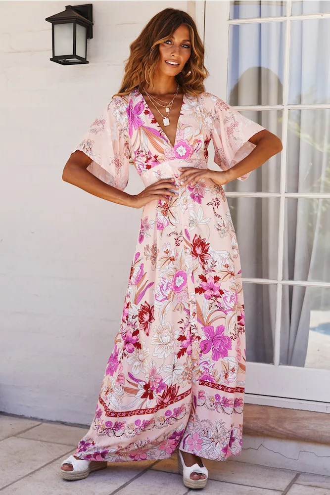 Длинные Boho Макси женское платье с принтом V средства ухода за кожей шеи Винтаж пляжные наряды Пляж Средний вечерние Вечернее Vestido