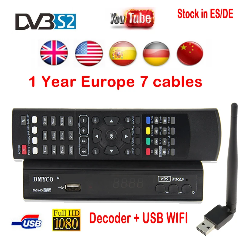 Спутниковый ресивер DVB-S2 1080 p спутниковый HD декодер 7 кабели код для 1 год USB Wi Fi поддержка Newcam Youtube IPTV 3g рецепторов