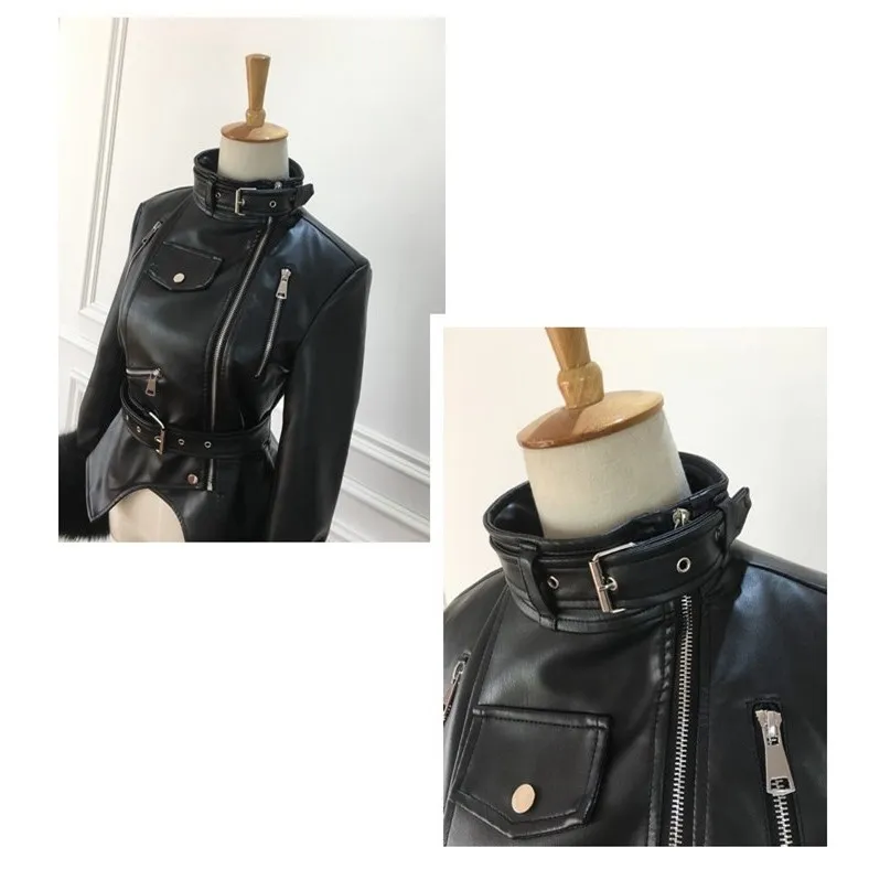 Winter Autumn Casual Gothic Faux Leather Coats Mandarin Collar Faux Fur Sleeve Motorcycle Jacket Black Outerwear Pu Jacket