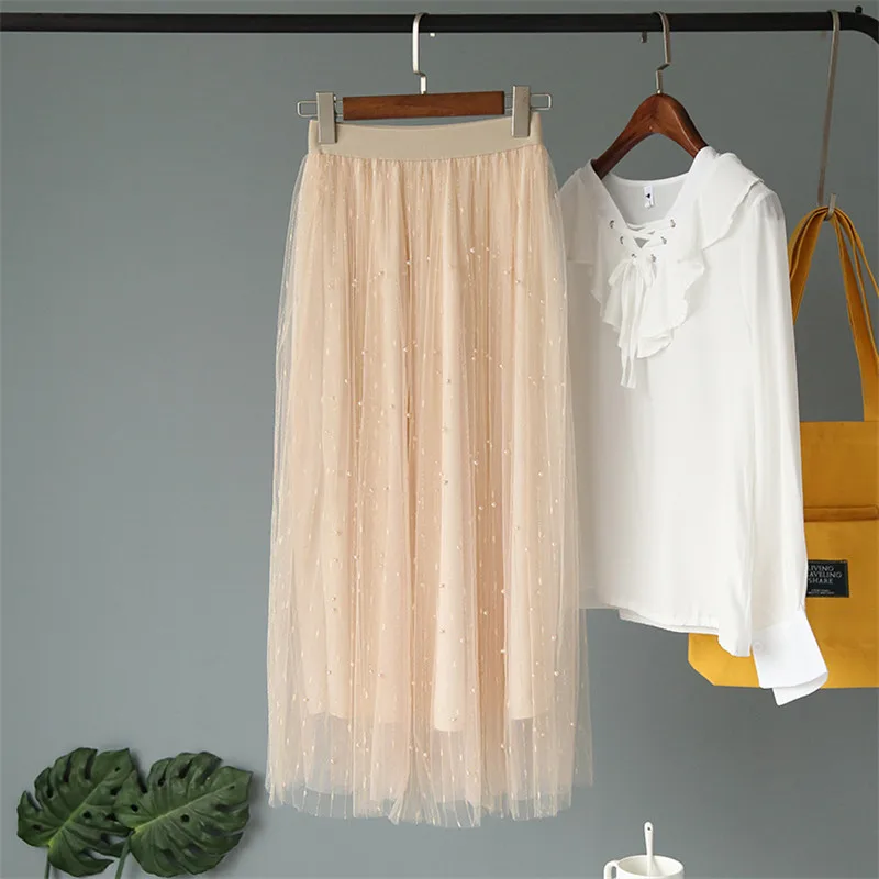 

2019 Korean new Spring Korean student double mesh beaded skirt sweet fairy pettisk skirt female gauze skirts clothes