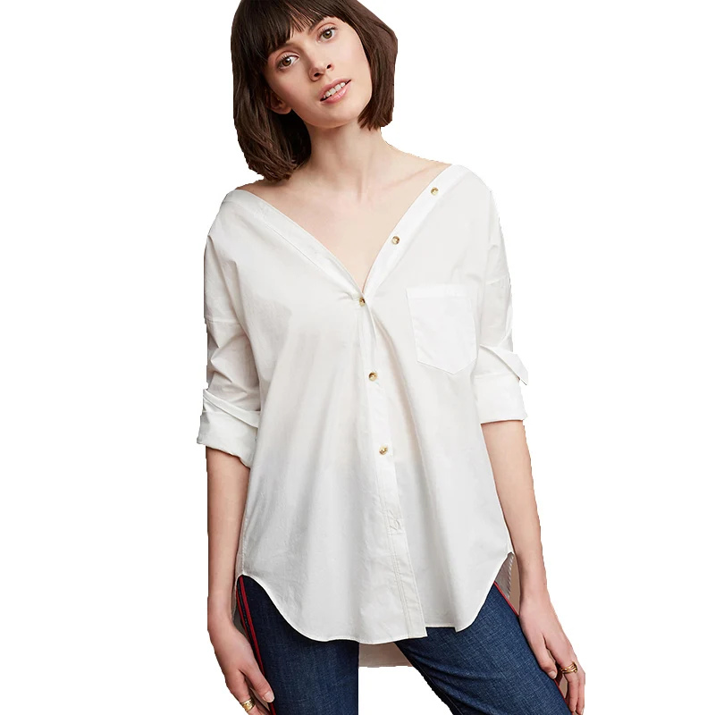 2017 spring women cotton blouses sexy solid colour shirts white V neck backless long sleeve blouse shirt blusas ZB1414