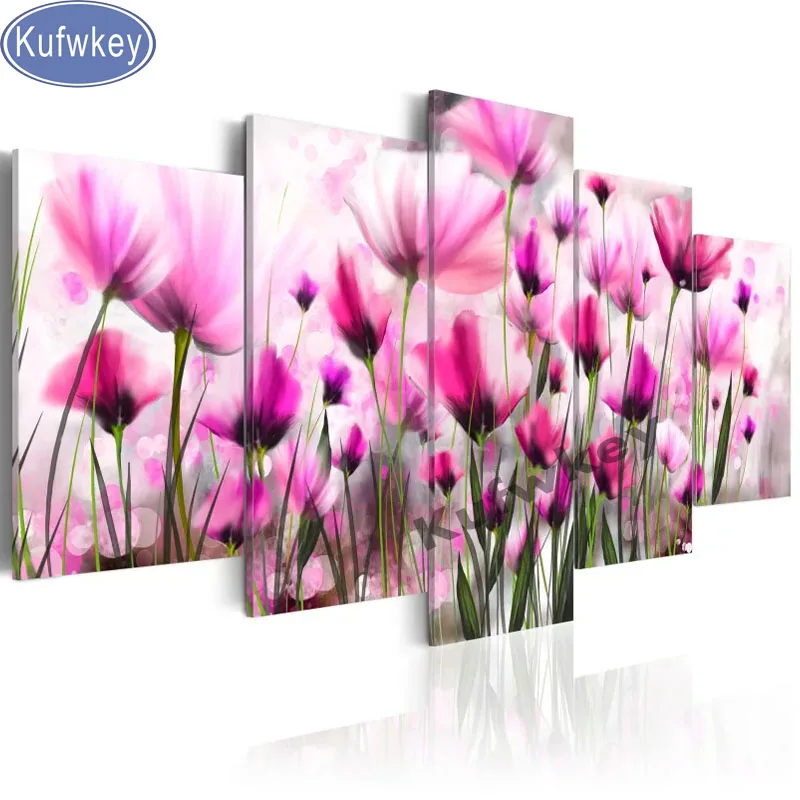 

5 pcs 5D DIY diamond Painting full square diamonds embroidery Pink poppy Diamond Mosaic Cross Stitch flower Home Decor Gift