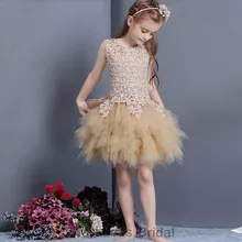 New Champagne 2017 Blumenmädchenkleider Für Hochzeiten Kinder Prom Abend Ballkleider Lace Tiered Rüschen Heiligen Graduation Kleid