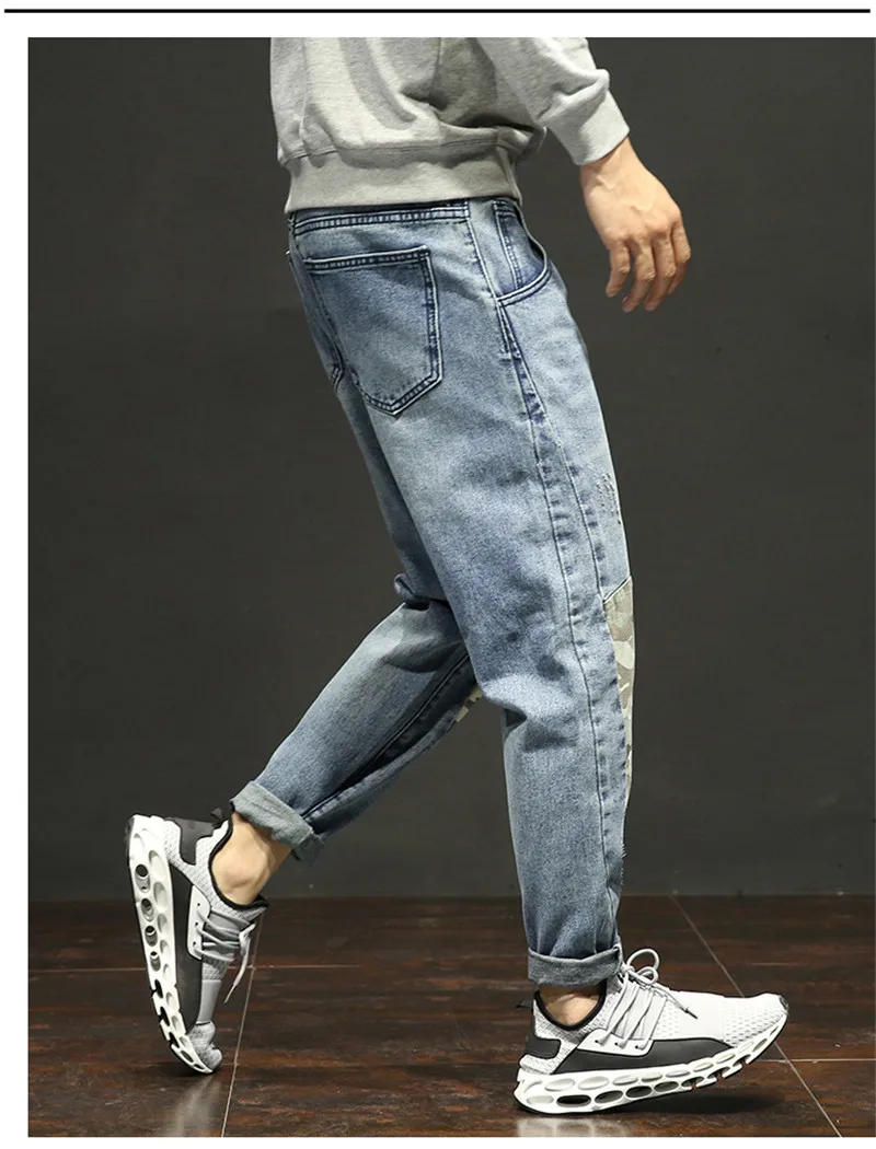 Men's Harem Jeans Trousers Fashion Male Loose Camo Patchwork Hip Hop Streetwear Pants Blue Large Size 28-42 (9)