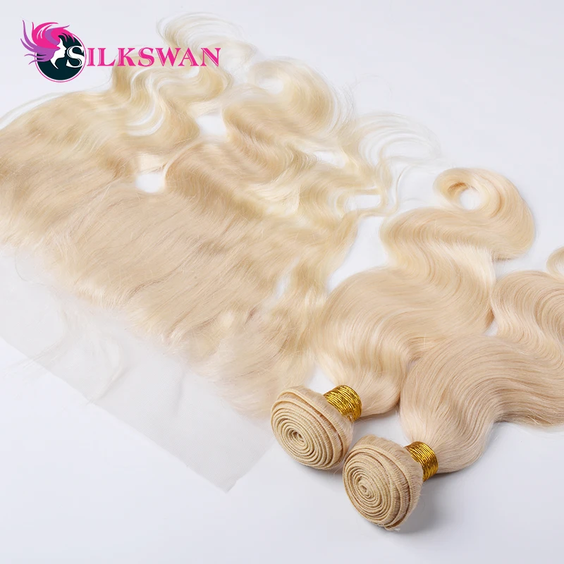 Silkswan Remy Hair Blonde Color Hair Wefts 3 Bundle with 13*4 Ear to Ear Lace Frontal Closure Indian Human Hair Blonde 613 Hair