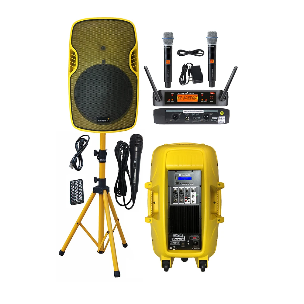 

STARAUDIO 3500W Active 15" DJ PA KTV Powered Speaker BT USB Speaker Stand Wired Mic 2CH UHF Wireless Handheld Microphone SSYM-15