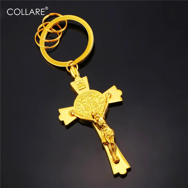 

Collare Key Chain INRI Crucifix Cross Gold/Black Color Key Holder Cross St Benedict Medal Key Pendant Wholesale Key Rings K105
