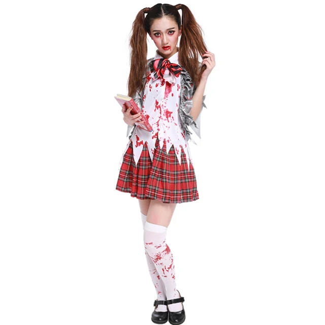 Special Offers Women Girl Halloween Horror Zombie Bloody High School Student Uniform Costumes Outfits