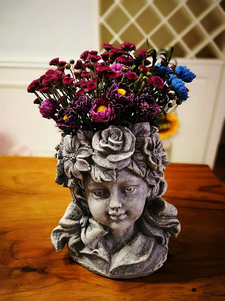 Открытый богиня девушка голова смолы ваза статуи цветочный горшок Купидон Цветок Трава Фея скульптура ангела украшение садовая ваза ремесла